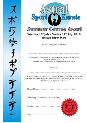 Karate Summer Course Certificate